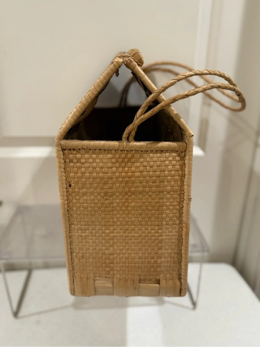 Square Woven Straw Top-Handle Basket Bag in Natural and Black ~ 13“ H x 7“ W